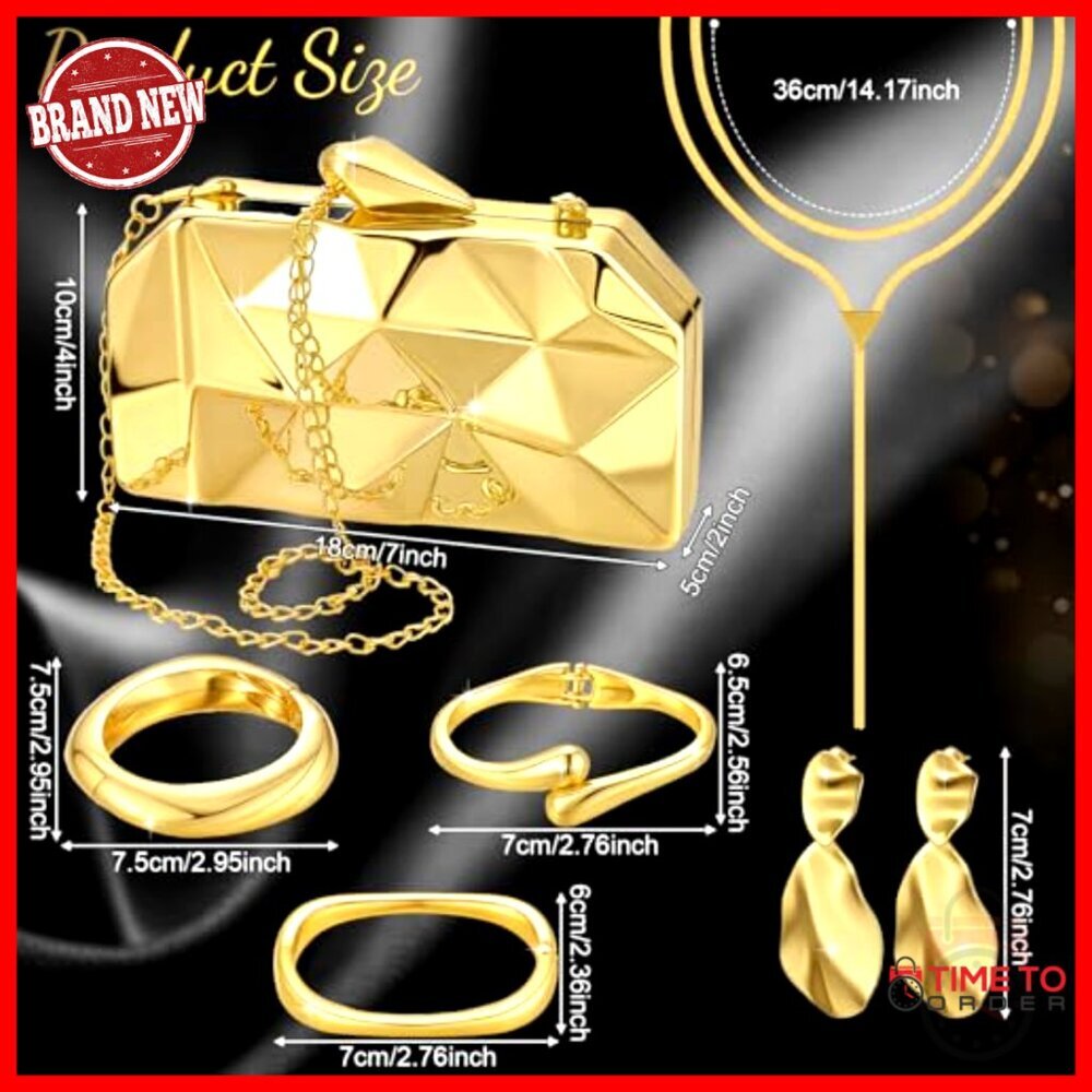Gold Acrylic Clutch Purse Jewelry Set with Bracelet Necklace Earrings - Picture 3 of 7
